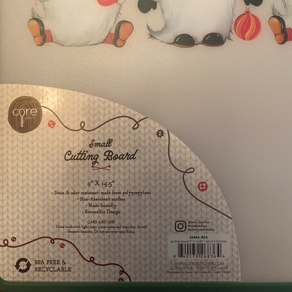 3 Christmas Gnomes Cutting Board By Core Kitchen With Built-In Handle 9” X 14.5” - Picture 3 of 13